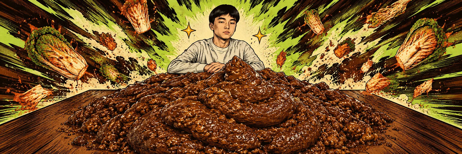 Panoramic comic of the boss and his mountain, surrounded by explosive kimchi and lime energy