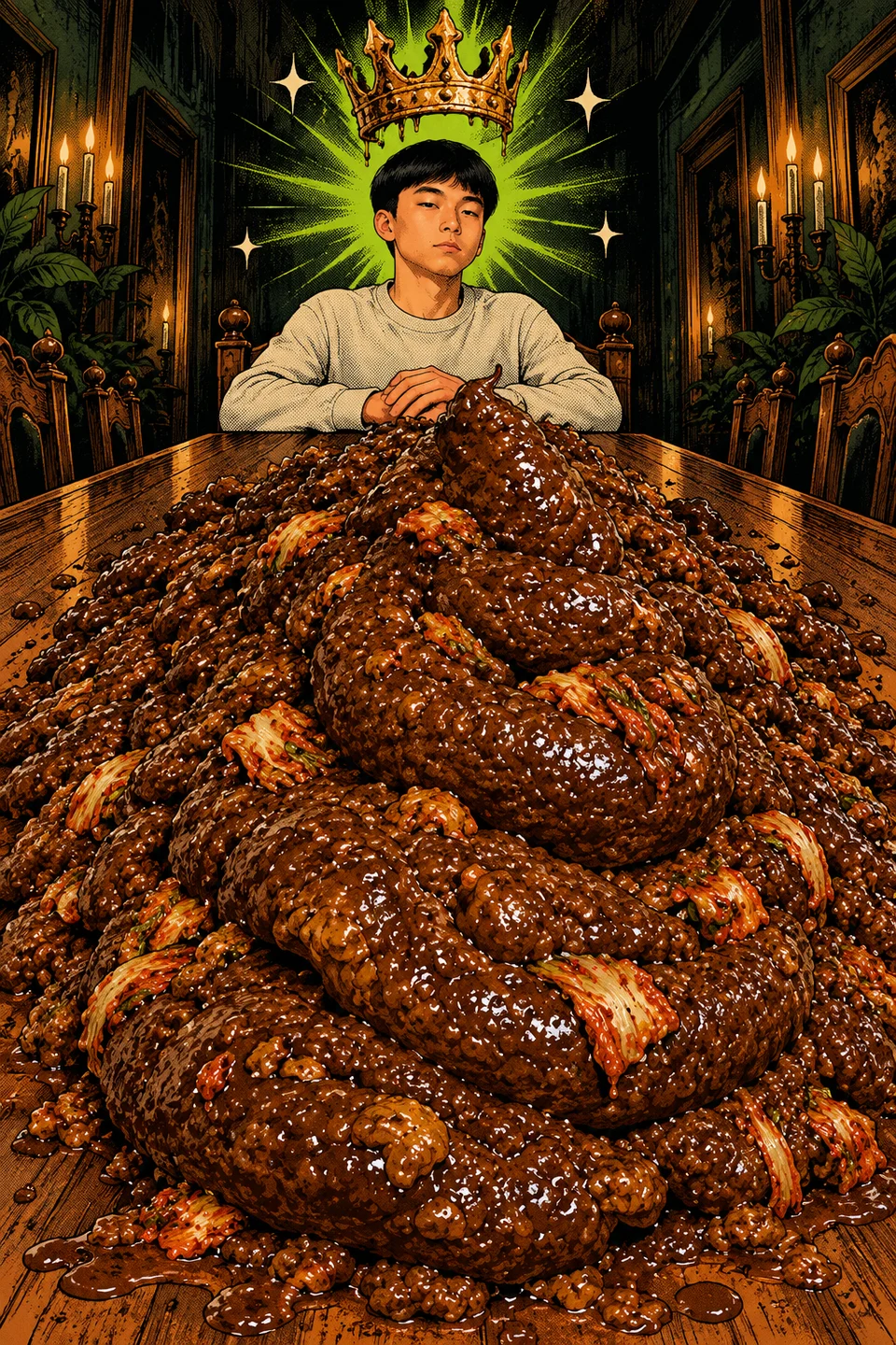 The deadpan boss sits behind a towering brown mountain with a neon lime aura