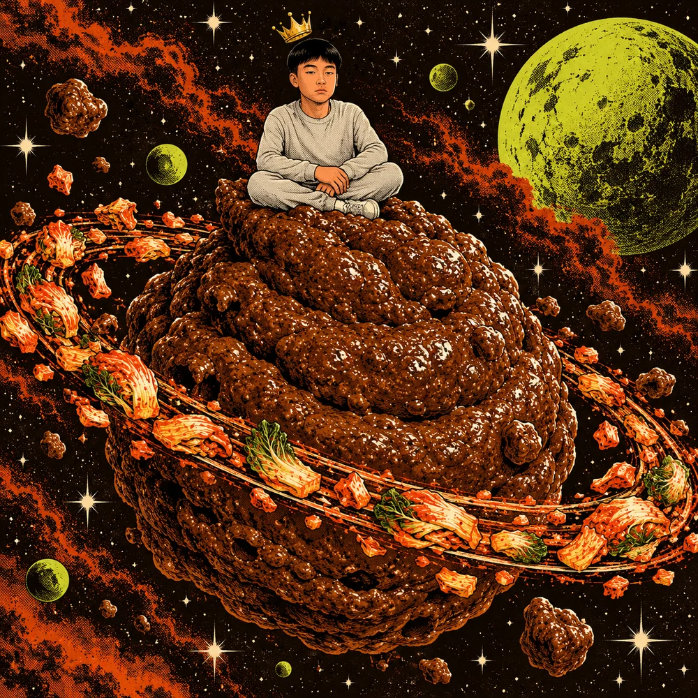 The boss meditates atop a poop asteroid in outer space
